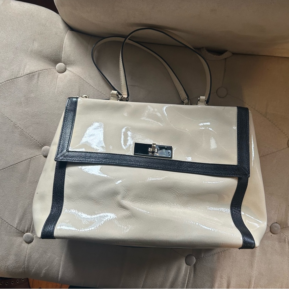 Kate Spade Cream Black Patent Leather Color block Satchel Tote Purse Handbag - Picture 2 of 15